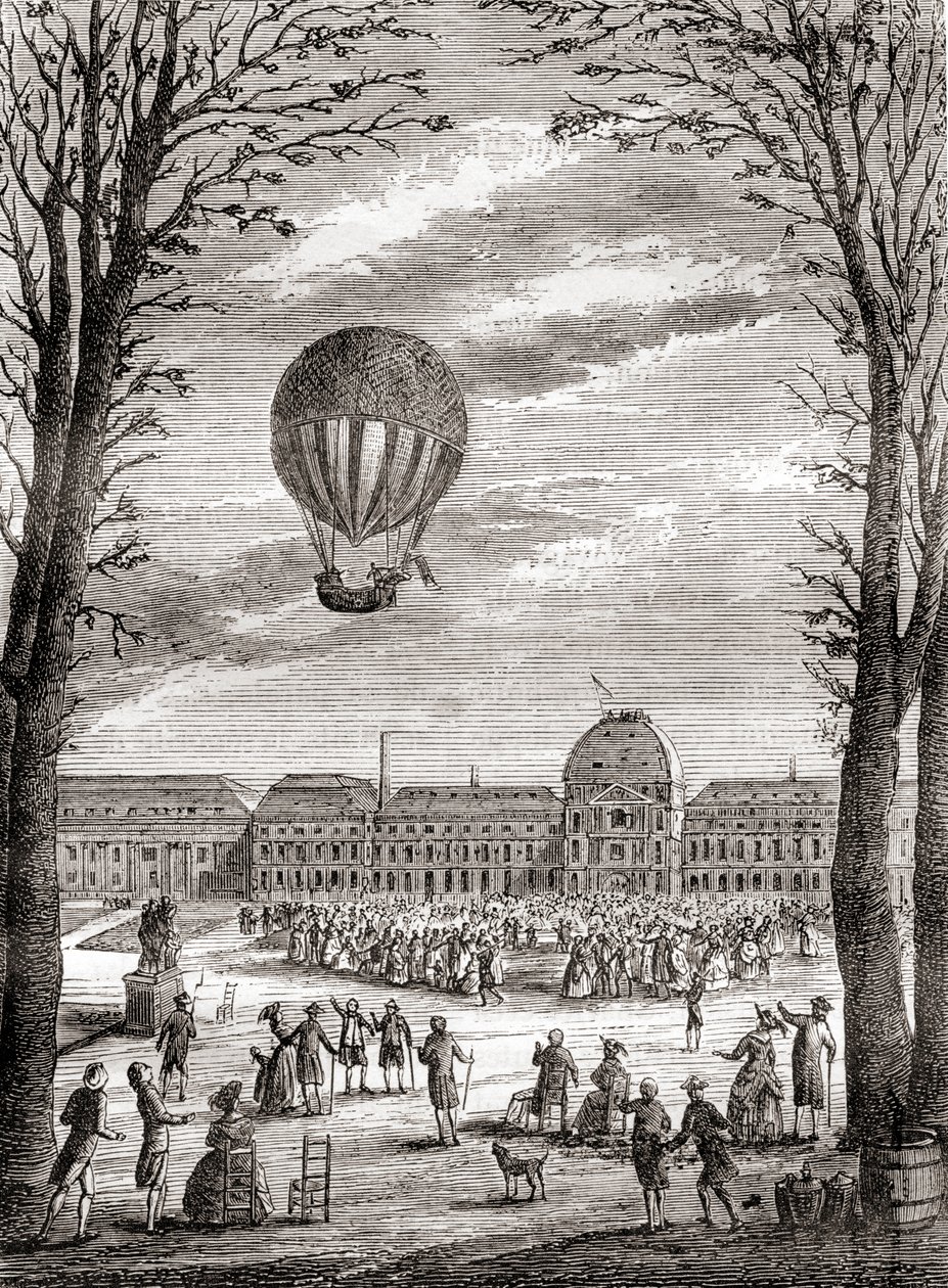 První let vodíkového balonu s posádkou nad Marsovými poli v Paříži (Francie) 1. prosince 1783, pilot Nicolas-Louis Robert a profesor Jacques Charles, z knihy Les Merveilles de la Science, vydané kolem roku 1870 (rytina). od French School