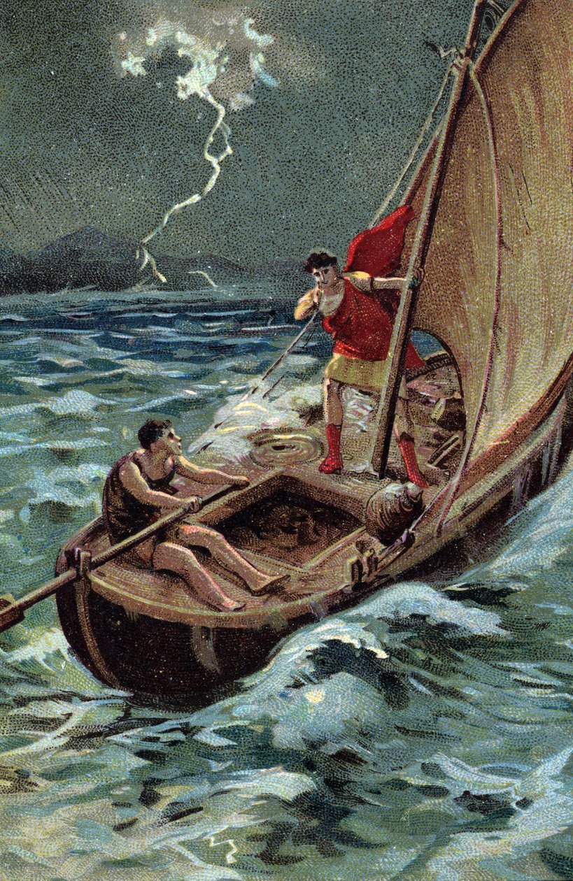 Mladý Jules Cesar (100-44 př. n. l.) překračující Jaderské moře, aby se připojil k Dalmácii, statečně postupuje navzdory bouřce, důvěřuje své dobré hvězdě a osudu (Mladý Julius Caesar (100-44 př. n. l.) statečně překračuje Jaderské moře na své lodi, v r. n od French School