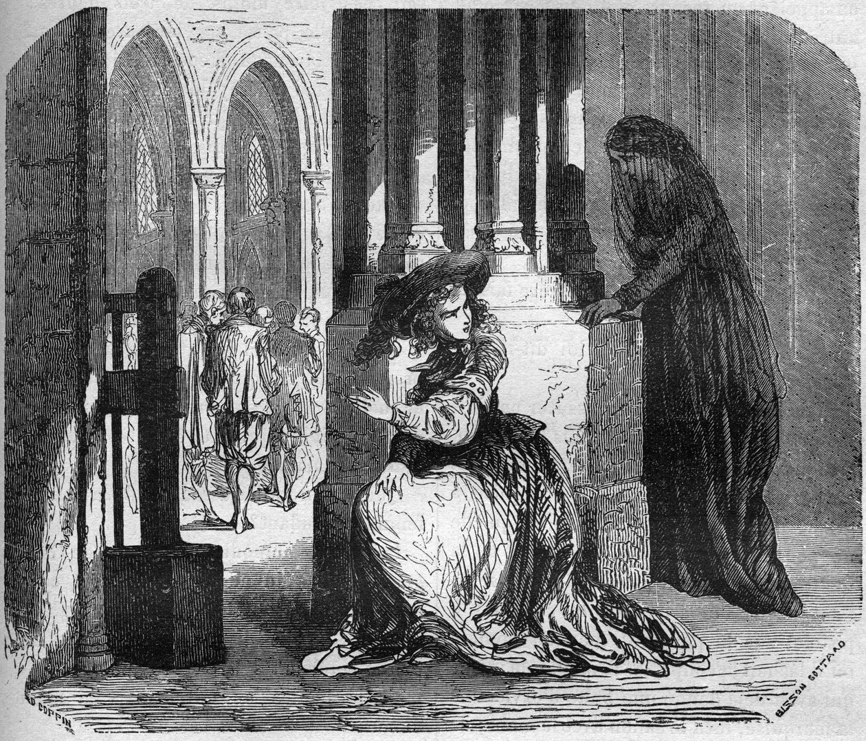 Mladá Madeleine de la Palude (Madeleine de Demandols) v 17. století posedlá démonem dokázala upoutat řeholníky jedinou krásou svých očí. Byla zavřená v klášteře uršulinek. Rytina do „Dějiny prostituce a de od French School