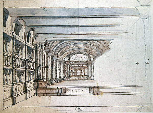 Divadelní scéna a hlediště s krabicemi, konec 17. století (pero, inkoust a pero na papíře) od French School