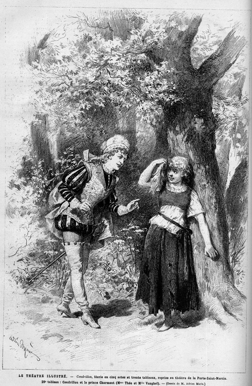 Divadelní ztvárnění: Popelka a okouzlující princ v podání Mme Theo a Melle Vanghel pro hru “” Cendrillon”” od Clairville (Louis Francois Nicolaie od French School