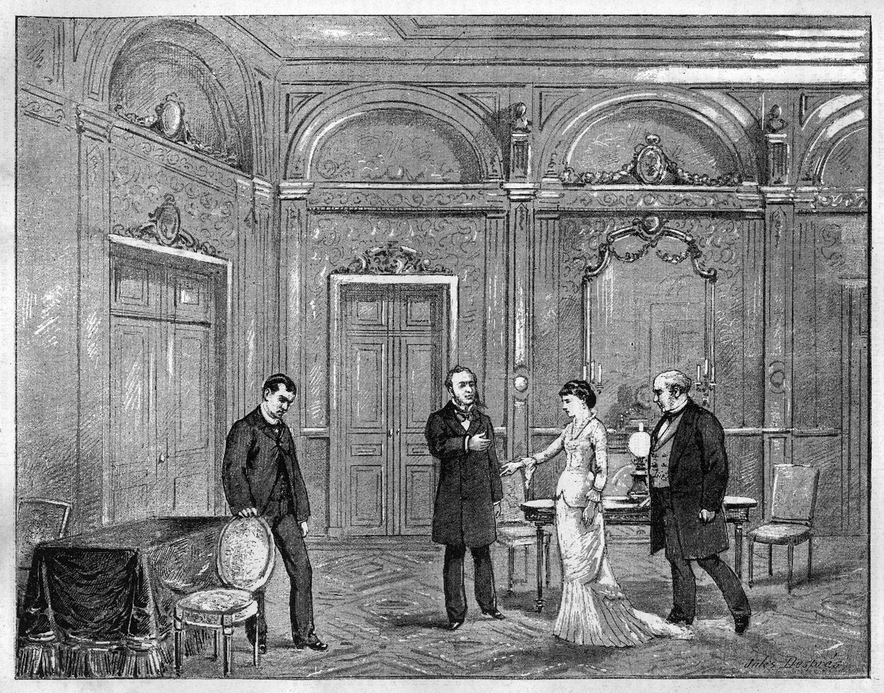 Divadelní ztvárnění: „“ Jean Beaudry““ od Augusta Vacquerieho (1819-1895). 4. jednání. Paříž, francouzské divadlo (Comedie Francaise). Rytina z roku 1880 v soukromé sbírce „The Illustrious Republic““. od French School