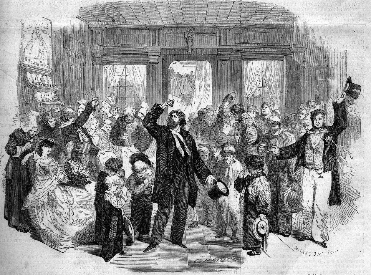 Divadelní ztvárnění „La Penelope Normande““ (I. dějství) od Alphonse Karra (1808-1890). Mezi komiky byli Mme Alexis, Mme Doche, Lafontaine (Henry Lafontaine od French School