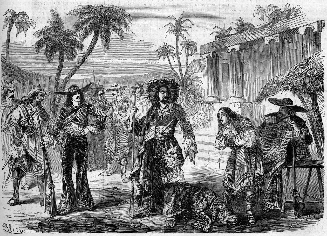 Divadelní ztvárnění „“Les Pirates de la Savane““ (první dějství, třetí obraz) od Auguste Anicet Bourgeois (1806-1871) a Ferdinanda Dugue. Paříž, divadlo de la Gaite od French School