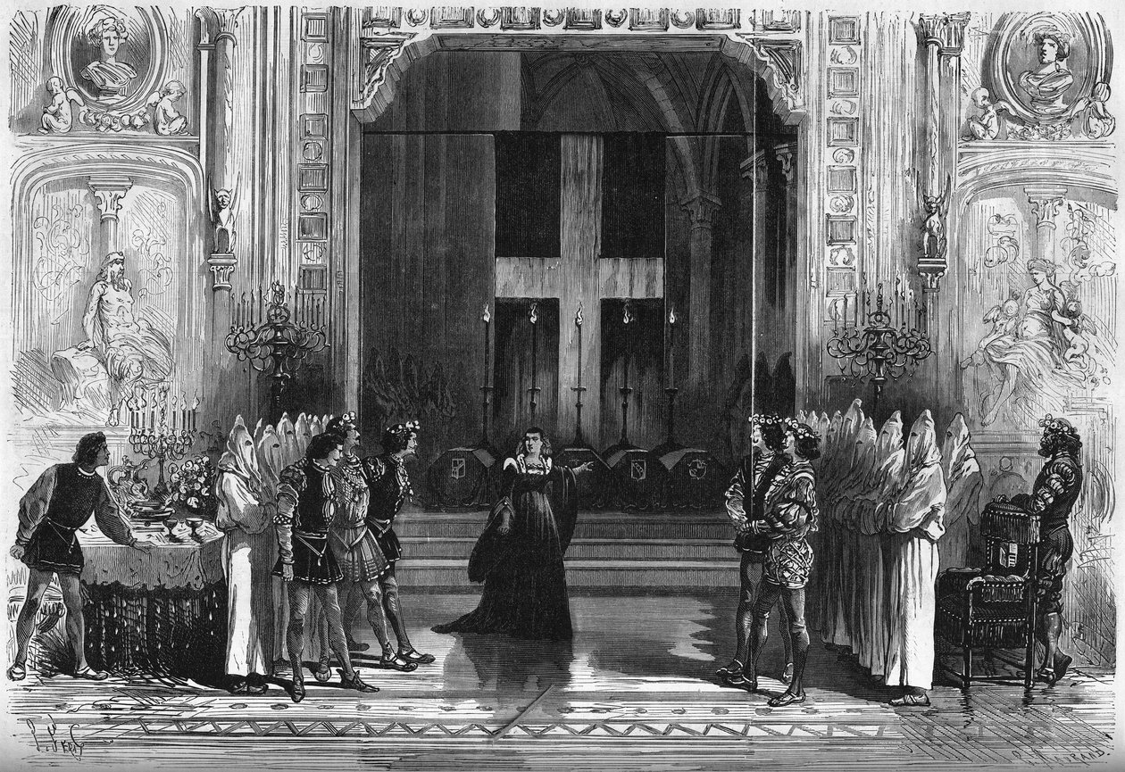 Divadelní ztvárnění: scéna rakví v „Lucrece Borgia“ od Victora Huga (1802-1885). Paříž, divadlo de la Porte Saint Martin od French School