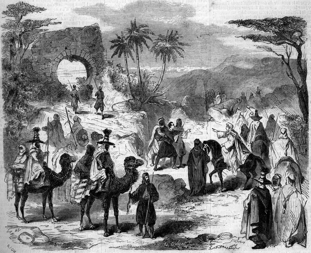 Divadelní ztvárnění: karavana, scéna prvního dějství „masakrů Sýrie““ od Victora Sejoura (1816? -1874). Paříž, divadlo Imperial du Cirque od French School