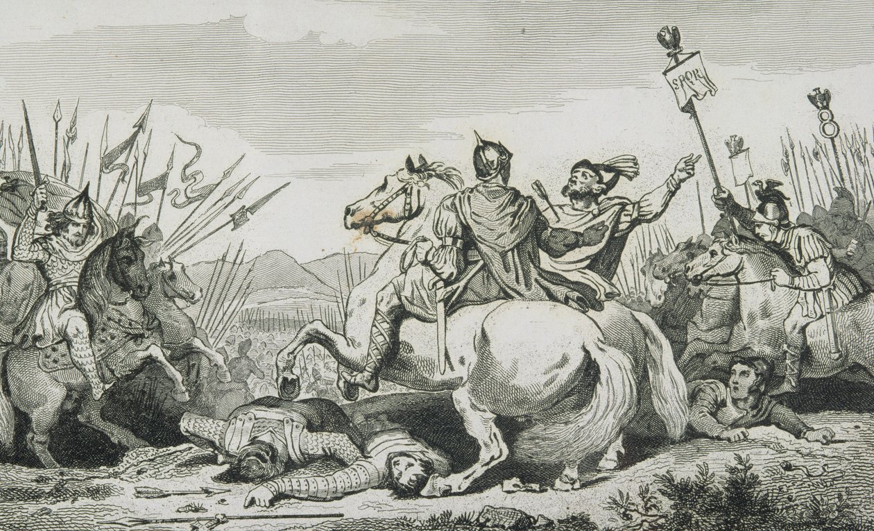 Theodorik je zabit v bitvě proti Attilovi, poblíž Chalons, z „Histoire de France“ od Colarta, vydaného kolem roku 1840 od French School