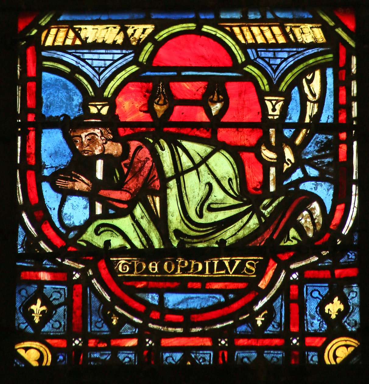 Theophilus se klaní před sochou Panny Marie od French School