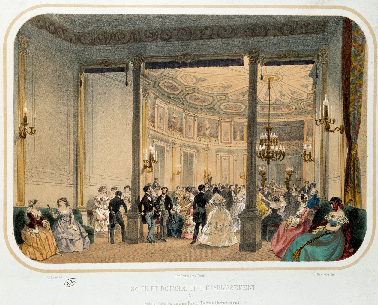 Termalismus: „“Salon a rotunda podniku ve Vichy v době světské recepce““. Litografie Paříže 19. století. dekorativní umění od French School