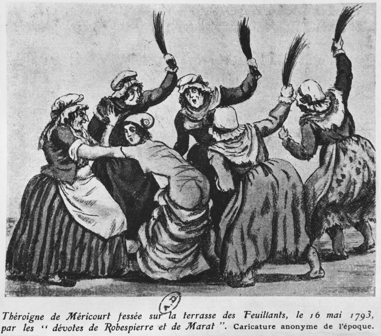 Theroigne de Mericourt zbičována skupinou pařížských jakobínek, 16. května 1793 (wc na papíře) od French School