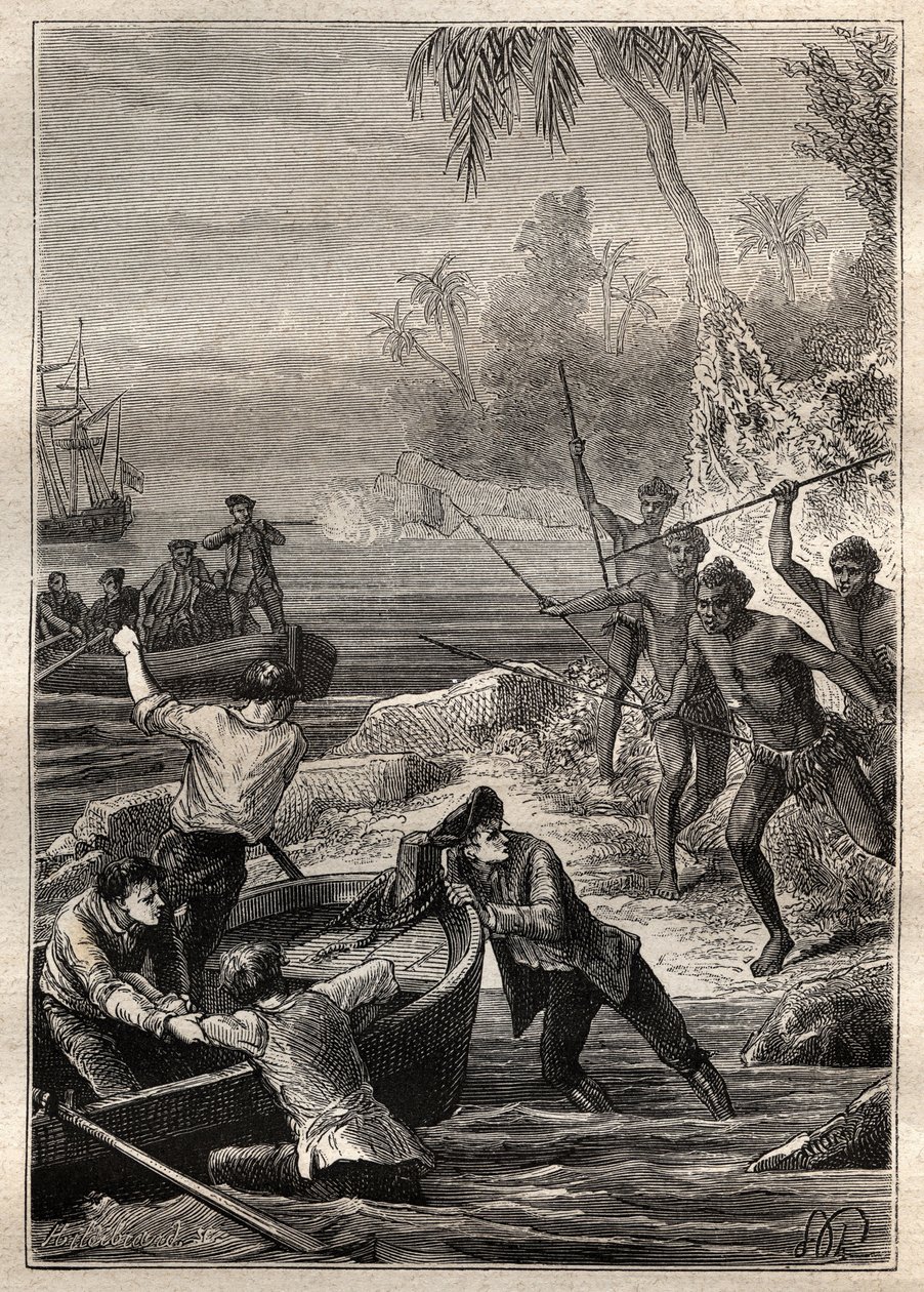 Ty byly poskytnuty tak blízko...: Plavba kapitána Jamese Cooka (1728-1779) na Nový Zéland v roce 1769 - přírodovědci Nového Zélandu zaútočili na Cookovu posádku při jejich přiblížení k pobřeží - ilustrace převzata z „The Great Mariners of the 18th century  od French School