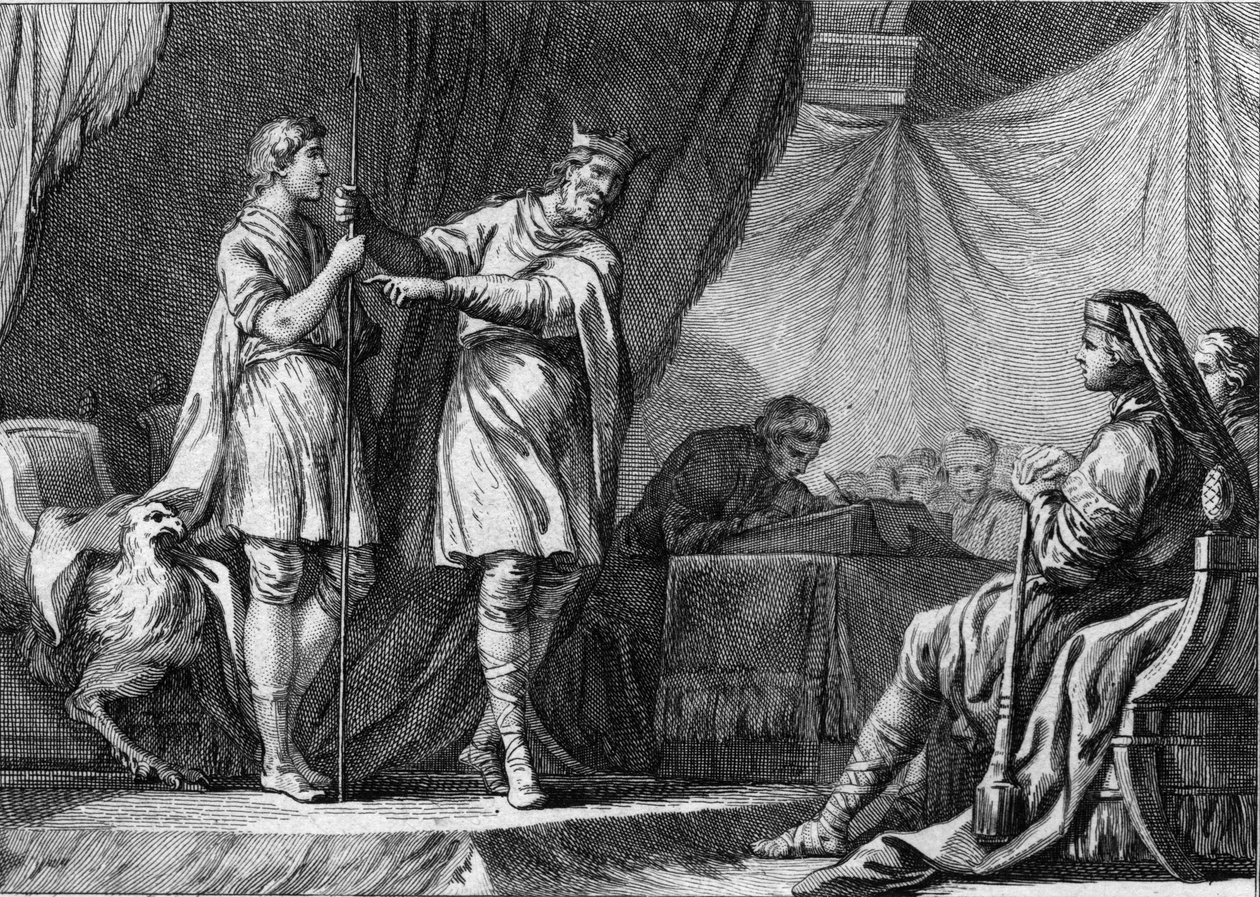 Thibaut I. (Theodebald, asi 535-555), král Austrasie, odmítl nabídku velvyslanců byzantského císaře Justiniána, aby se vzdal obrany Ostrogótů a přidal se k Říši. Rytina 18. století. od French School