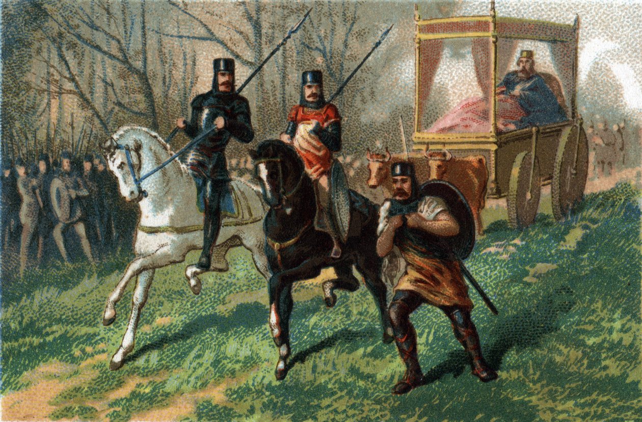 Thierry III říká, že král Faineant z roku 673a 691 prochází Paříží ve svém kočáru postřeleném voly. Chromolitografie kolem roku 1890. od French School