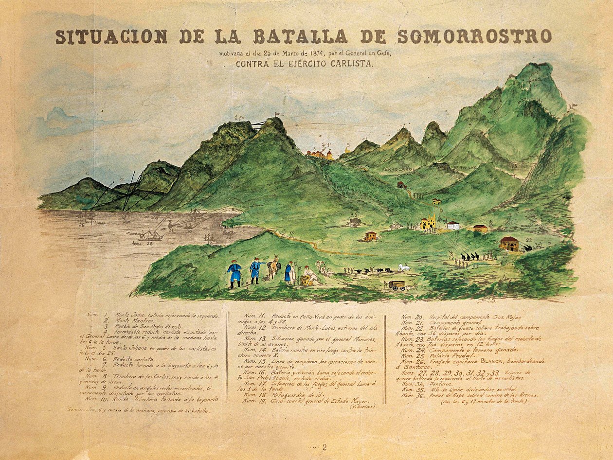 Třetí karlistická válka (1872-1876): popis bitvy u Somorrostro v Baskicku dne 25.3.1874 (rytina) od French School