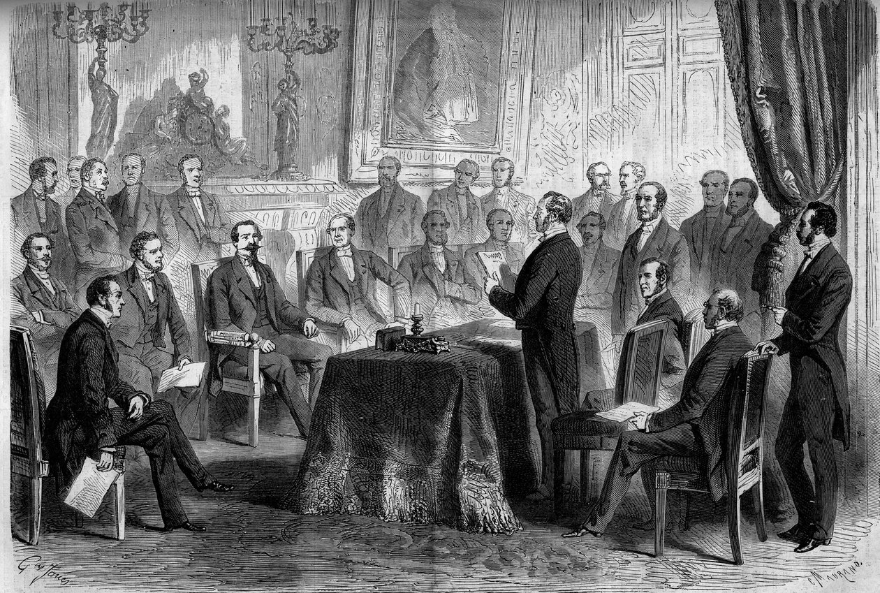 Třetí republika: zasedání Státní rady v Tuileries za přítomnosti Napoleona III. (1808-1873) a barona Eugena Georgese Haussmanna, prefeta Paříže (1809-1891). Rytina v „“ Le Monde Illustré““ č. 291 z 8. listopadu 1862. od French School