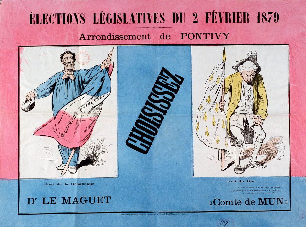 Třetí republika: plakát k parlamentním volbám dne 2. 2. 1879 v obci Pontivy (Morbihan). Paříž. Muzeum plakátu a reklamy od French School