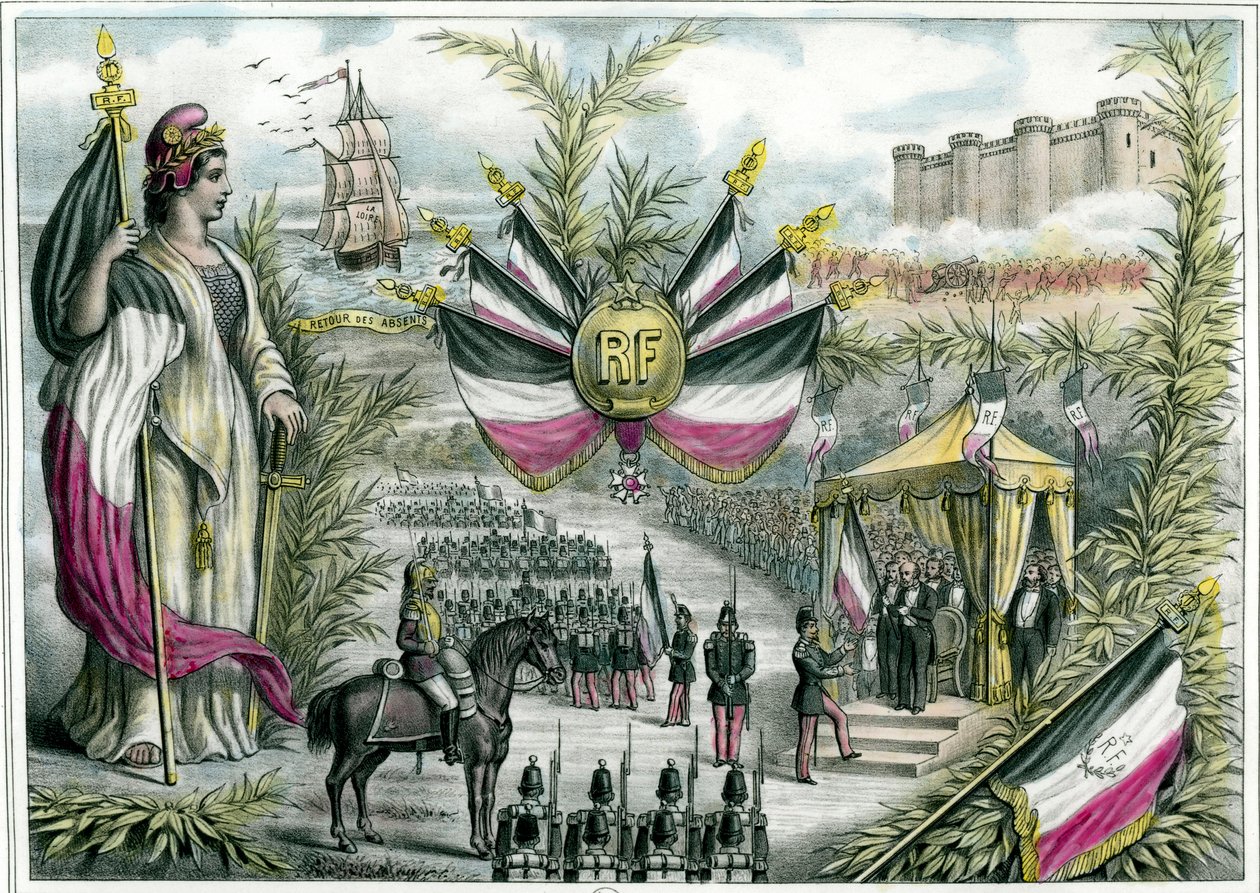 Třetí republika: Vítězná republika předsedá Velké národní slavnosti 14. července 1880 na náměstí Bastily. 14. červenec se stává národní slavností Francie a je přijata vlajka v barvách trikolóry. Rytina kolem roku 1880 Soukromá sbírka od French School