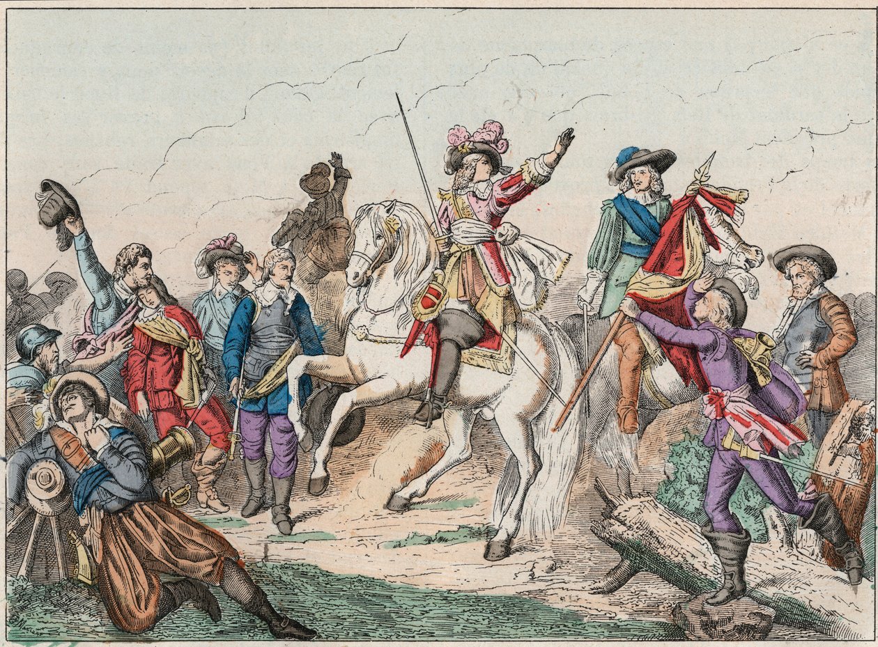 Třicetiletá válka (1618-1648): Princ Ludvík II z Bourbon Conde (Bourbon-Conde), známý jako Grand Conde (1621-1686), vévoda z Enghien, pozdravil mrtvolu hraběte z Fontaine v bitvě u Rocroi (Rocroy) proti Španělům, 19. května od French School