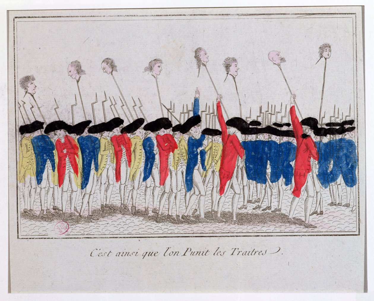 Takto jsou trestáni zrádci, sans-culottes nesoucí hlavy gilotinou, 1789 od French School