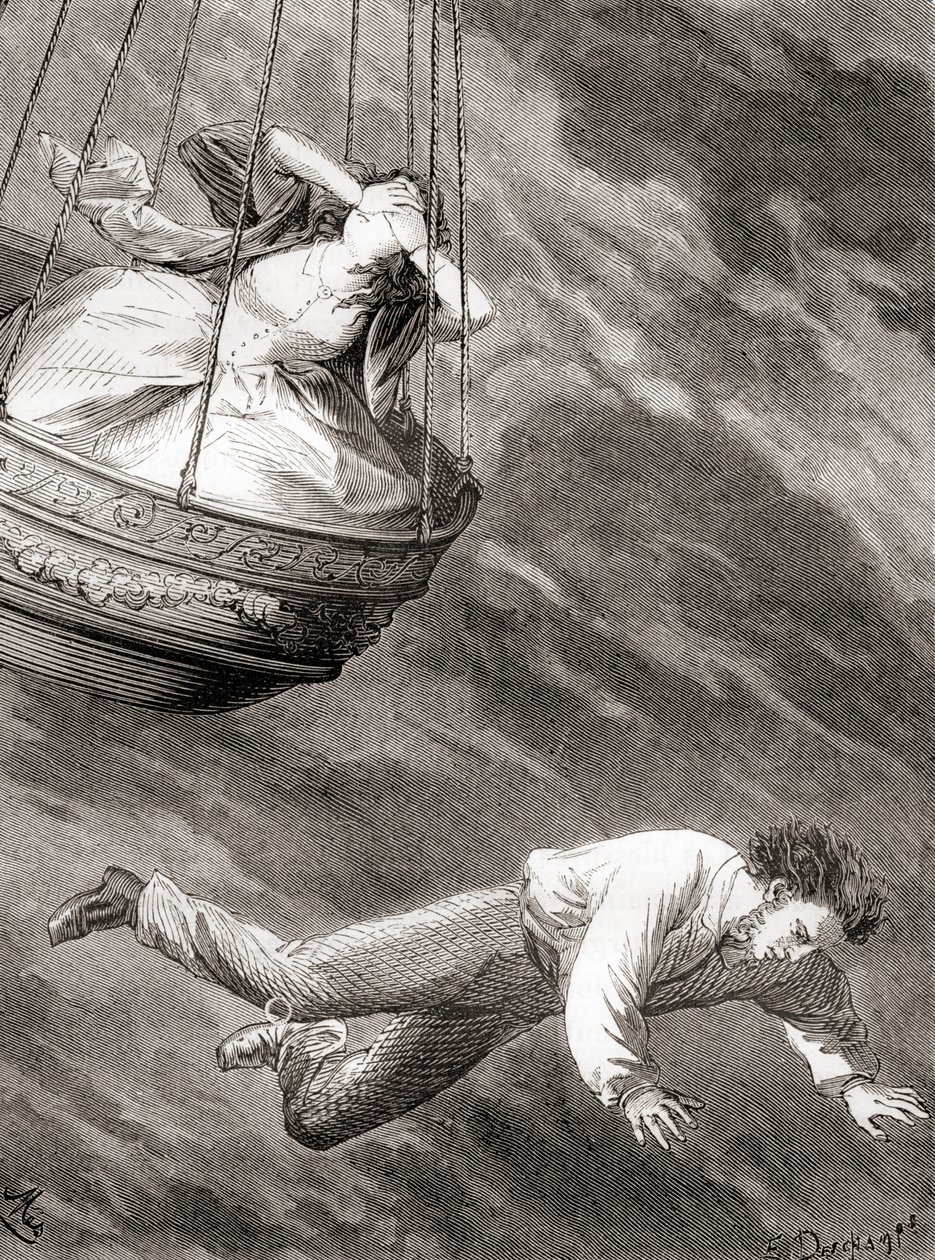 Thomas Harris, vynalézavý londýnský vědec a poručík a průkopník anglický balonista, který zemřel 25. května 1824 z horkovzdušného balonu, z „Les Merveilles de la Science“, vydaného kolem roku 1870 (litho) od French School