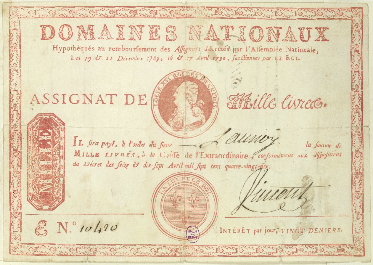 Bankovka tisíce livrů s obrázkem Ludvíka XVI. (1754-93) 1790 od French School