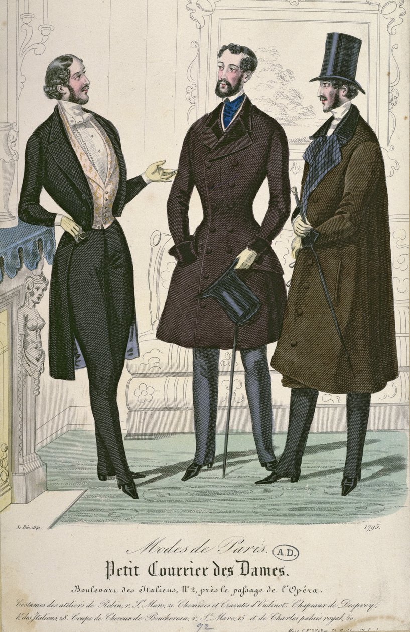 Tři elegantní mladí muži, 1841 (barevná rytina) od French School