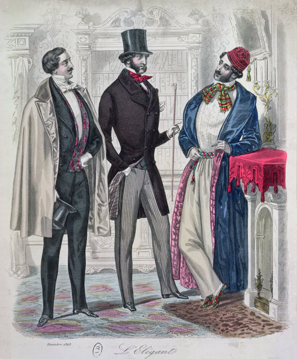 Tři elegantní mladí muži, prosinec 1848 (barevná rytina) od French School