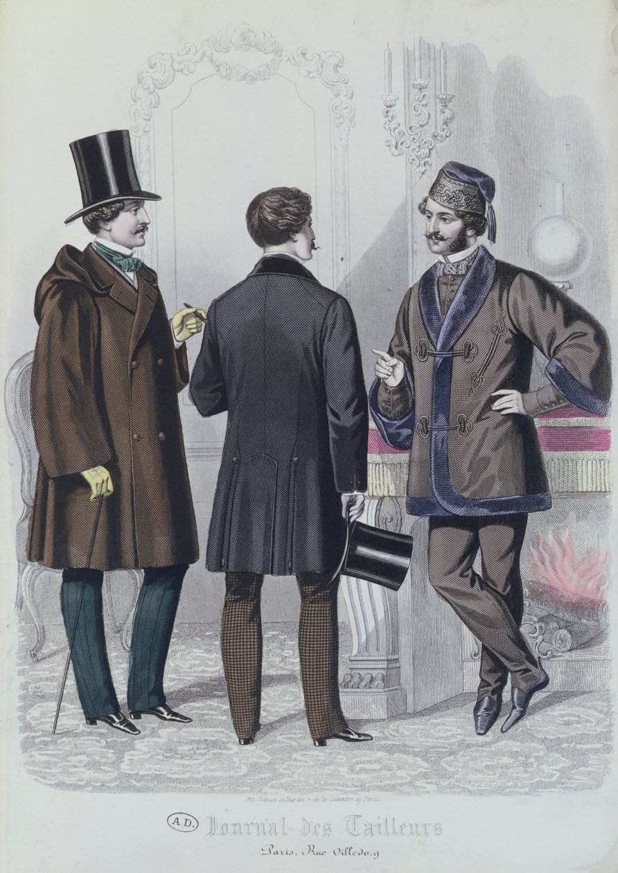 Tři elegantní mladí muži, prosinec 1856 (barevná rytina) od French School