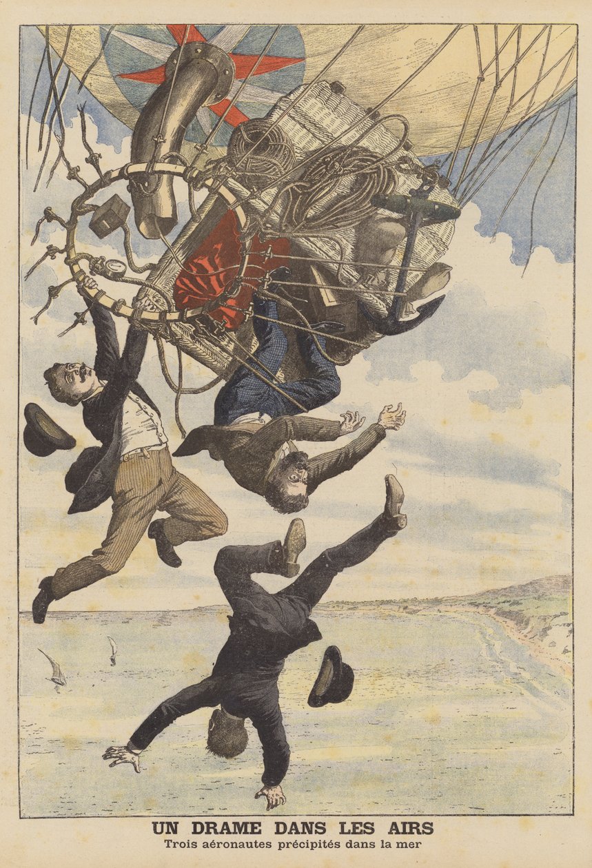 Tři italští balonáři padající do moře (barevná litografie) od French School