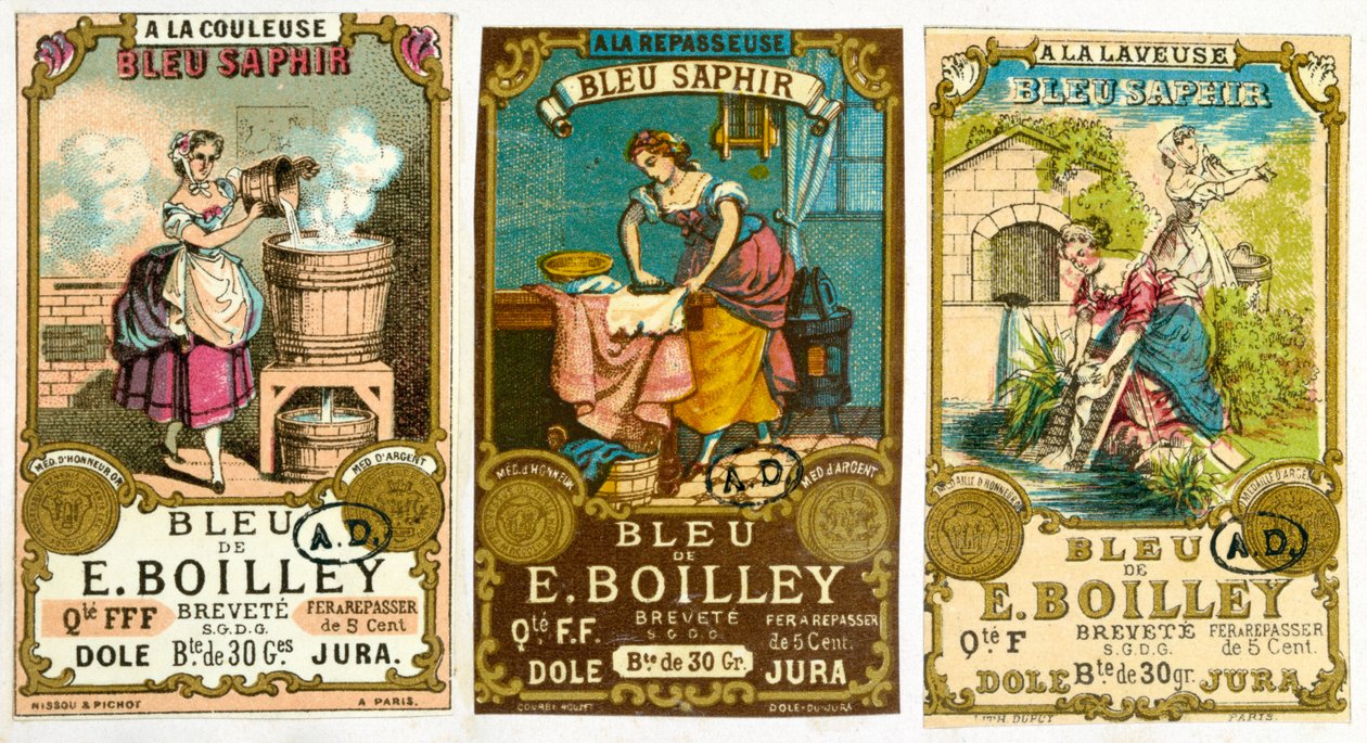 Tři štítky na prací prášek značky Bleu de E. Boilley, 1878 od French School