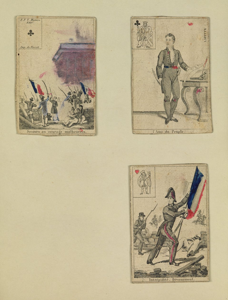 Tři hrací karty připomínající hrdiny července 1830, 1831 od French School