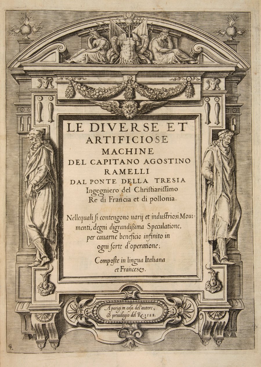 Titulní strana, od The Diverse Et Artificiose Machine od kapitána Agostina Ramelliho, hospoda. 1588 Engravi od French School