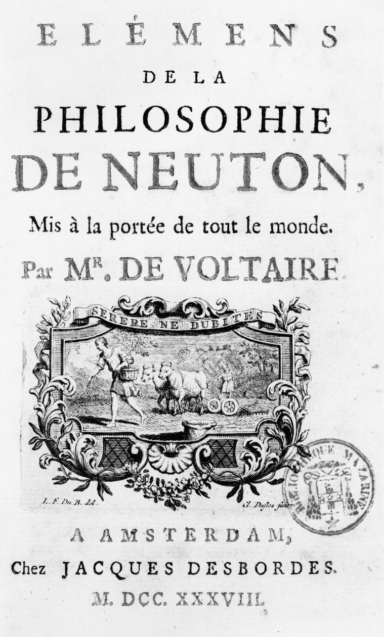 Titulní strana knihy Elements de la Philosophie de Newton od Francois Marie Arouet Voltaire (1694-1778) Amsterdam, vydáno 1738 od French School