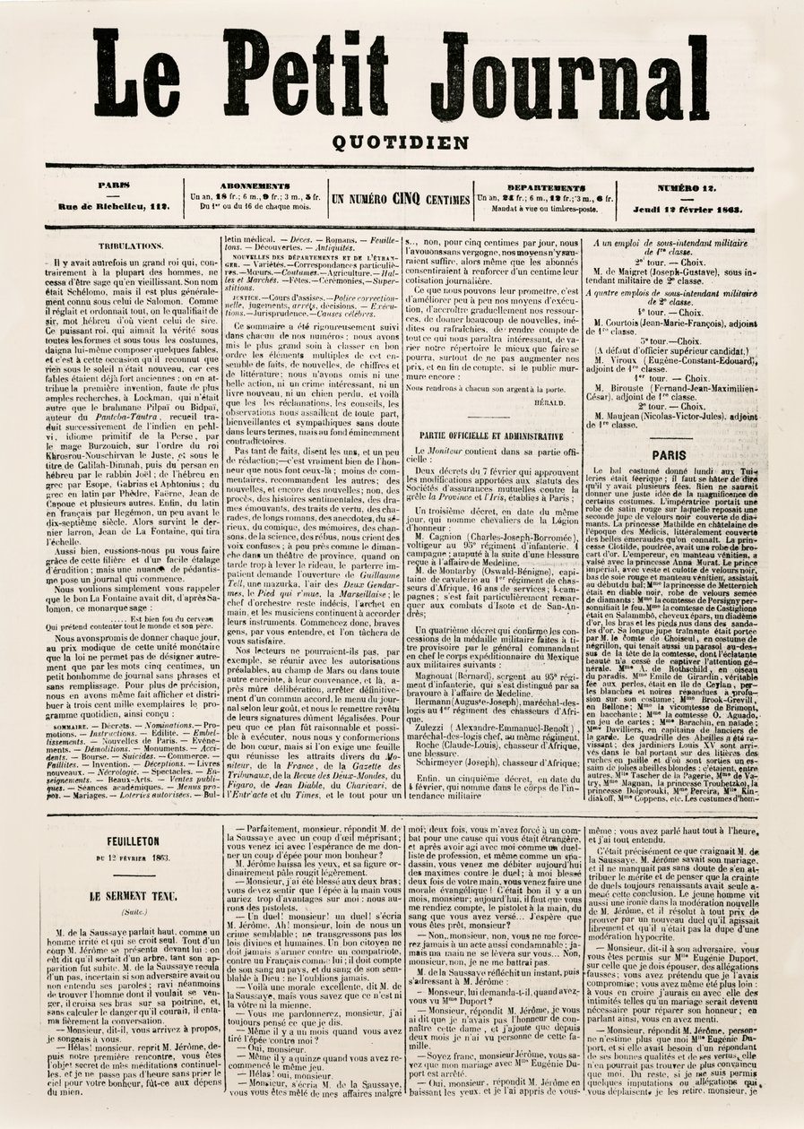 Titulní strana deníku Le Petit Journal, 12. února 1863 (tisk) od French School