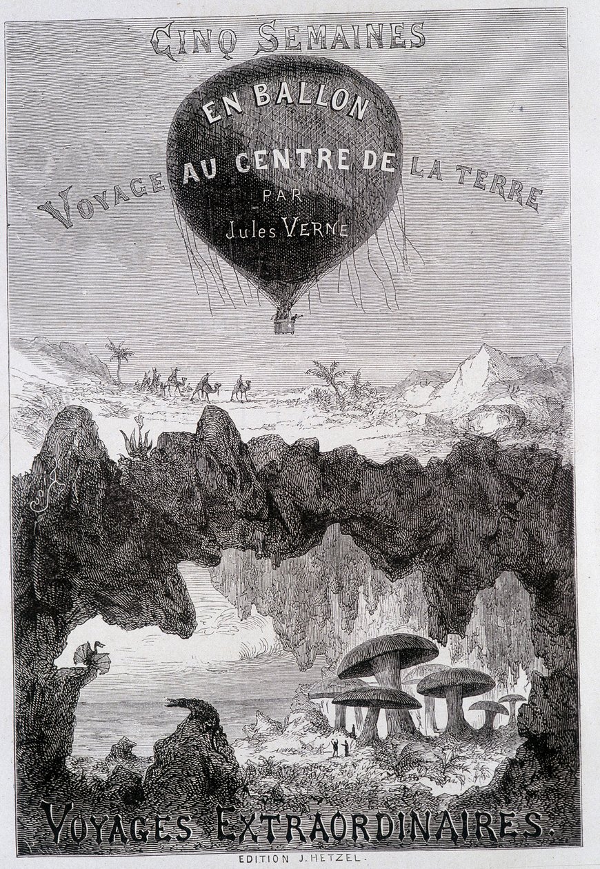 Titulní strana: „Pět týdnů v balónu“ a „Cesta do středu Země“ od Julese Verna, sd. Edice Hetzel pod obecným názvem „“ Les Voyages Extraordinary““ od French School