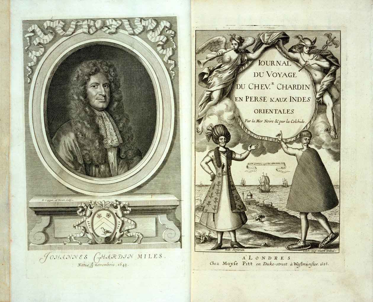 Titulní strana a přední portrét Journal du Voyage de Chevalier Chardin en Perse et aux Indes Orientales od Jean Chevalier Chardin, 1686 od French School