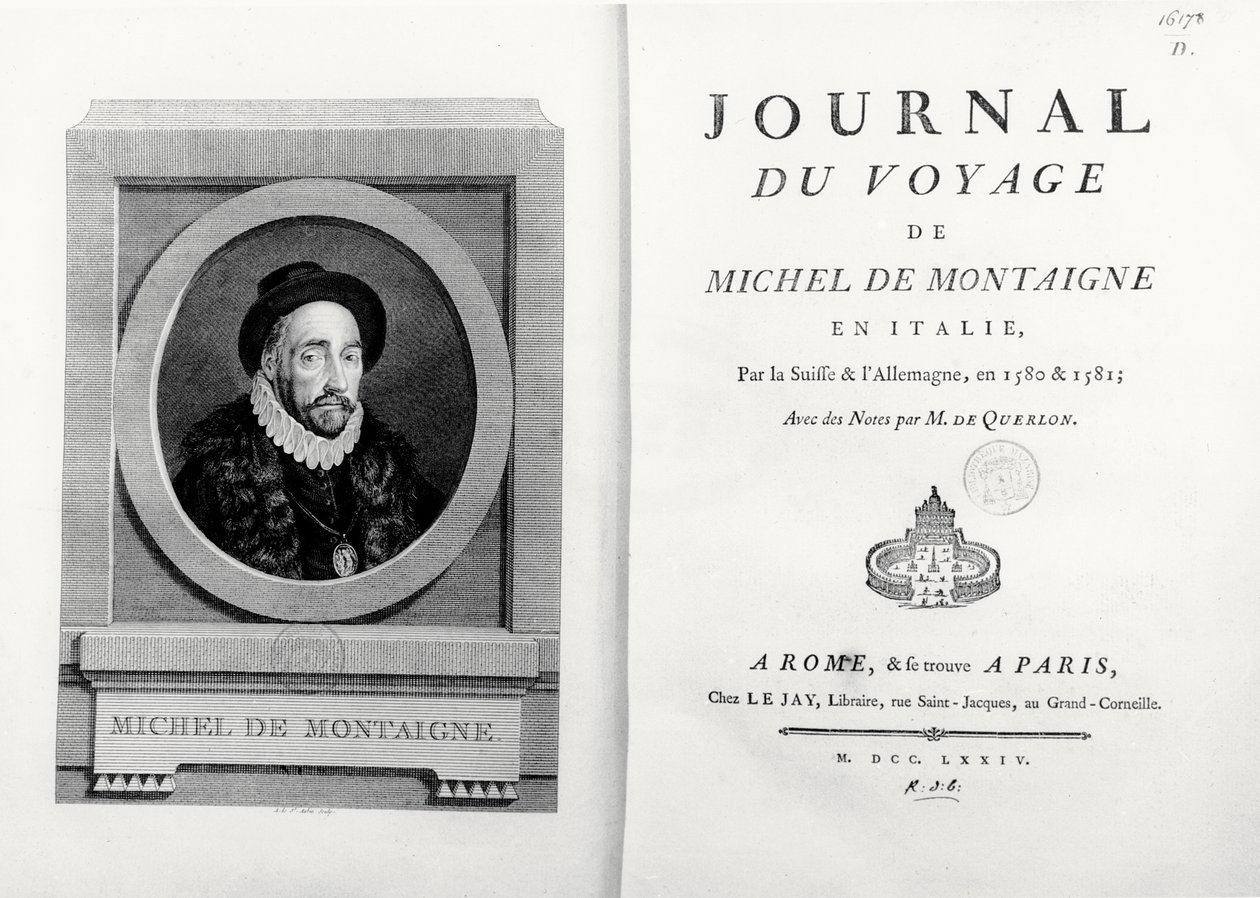 Titulní list a frontispice s portrétem autora od A. de Saint Aubin, z „Journal de Voyage en Italie 1580 et 1581 de Michel de Montaigne“ od French School
