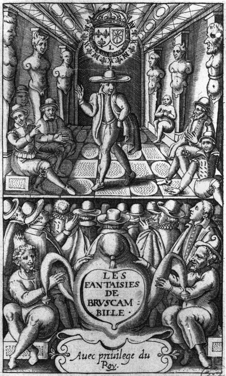Titulní strana z Les Fantaisies de Bruscambille, vydané 1615 od French School