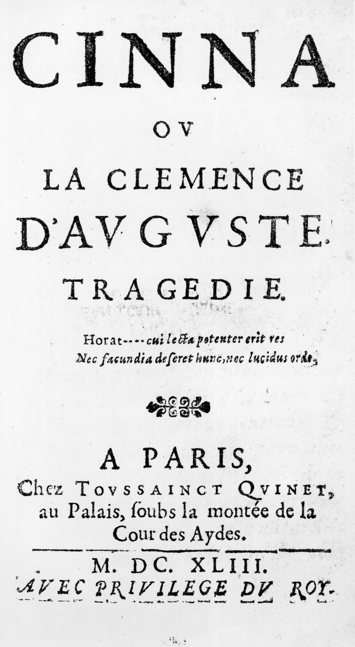 Titulní strana Cinna ou la Clemence dAuguste od Pierra Corneille (1606-84) vydaná v roce 1643 od French School
