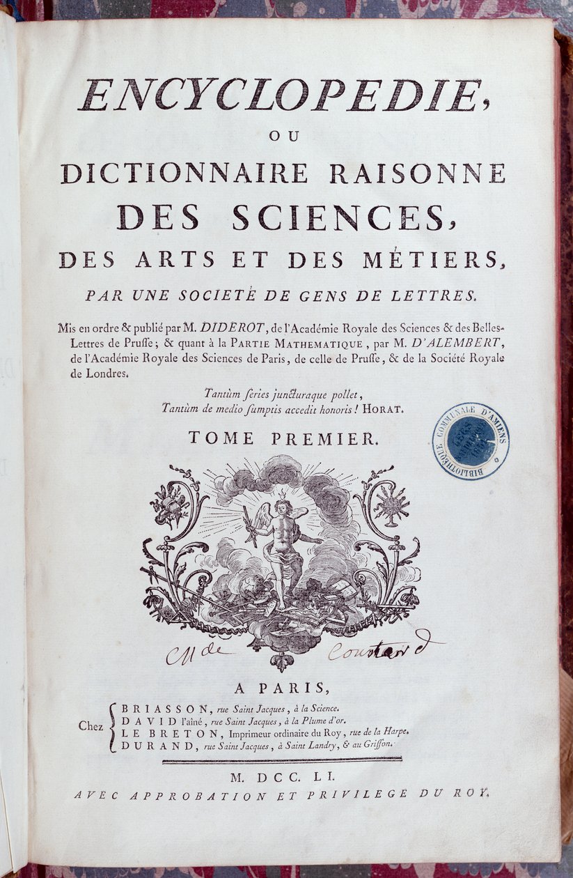 Titulní strana Encyklopedie od Denise Diderota (1713-84), vydané v Paříži v roce 1751 (viz také 157777) od French School