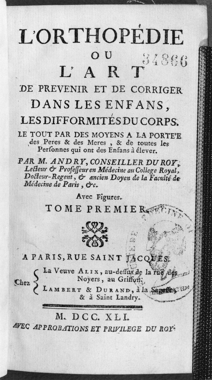 Titulní strana Ortopedie aneb umění prevence a nápravy tělesných deformací u dětí Nicholas Andry (1658-1759) 1741 od French School