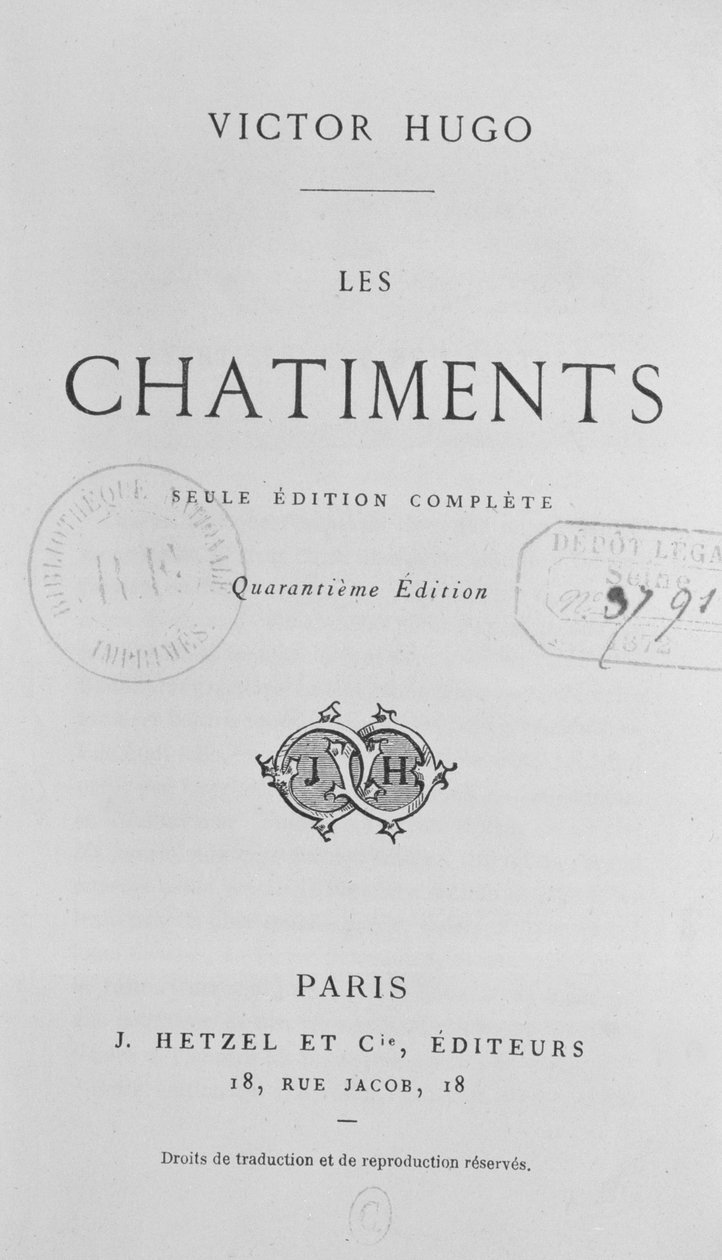 Titulní strana Les Chatiments (1853) od Victora Huga (1802-85), 40. vydání nakladatelství J. Hetzel, 1872 od French School