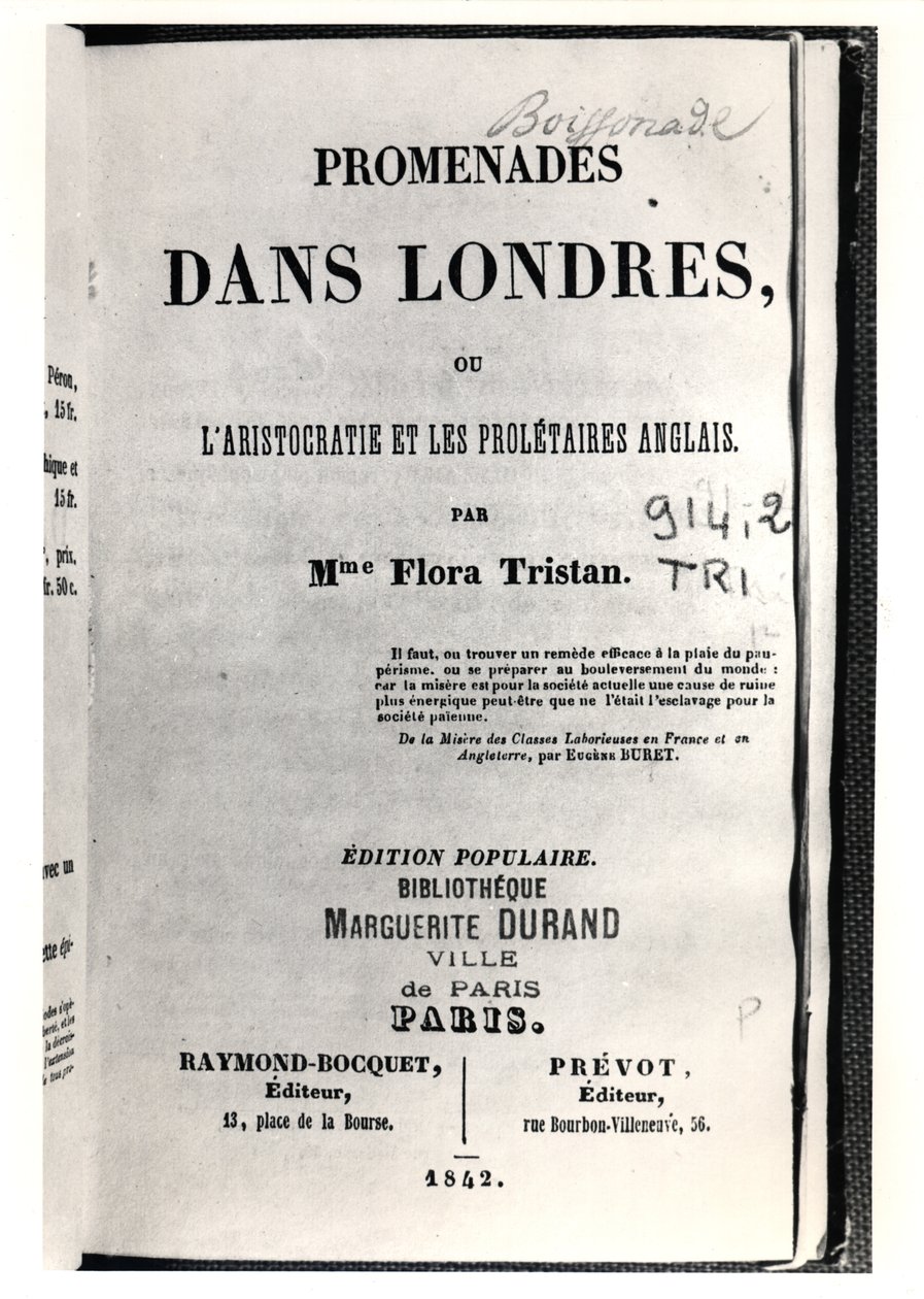Titulní strana Promenades dans Londres od Flory Tristan (1803-44), vydaného v Paříži nakladatelstvím Raymond-Bocquet et Prevot, 1842 od French School
