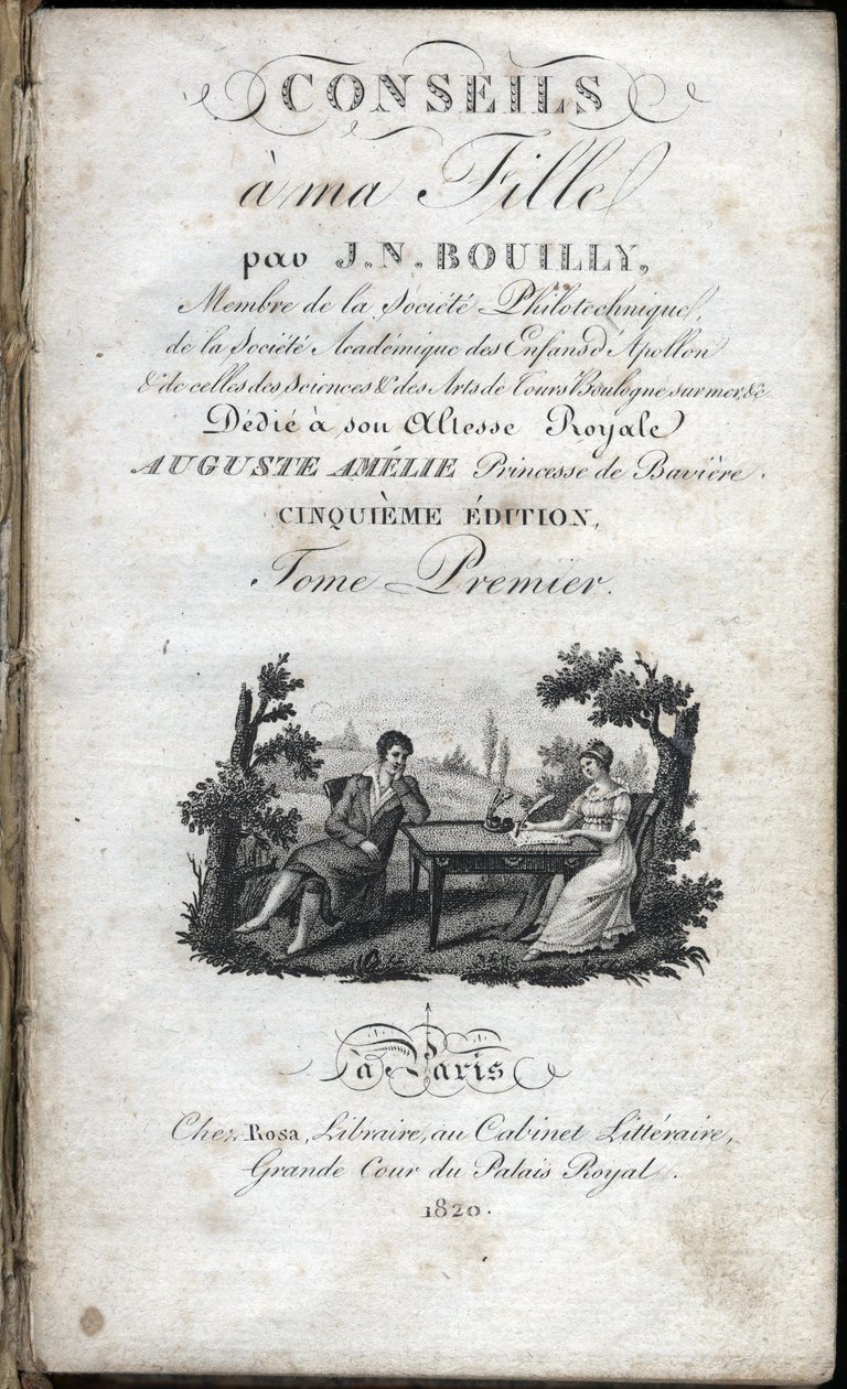 Titulní strana knihy „“ Tipy mé dceři „“ od Jeana Nicolase Bouillyho (1763-1842). 1820. Soukromá sbírka. od French School