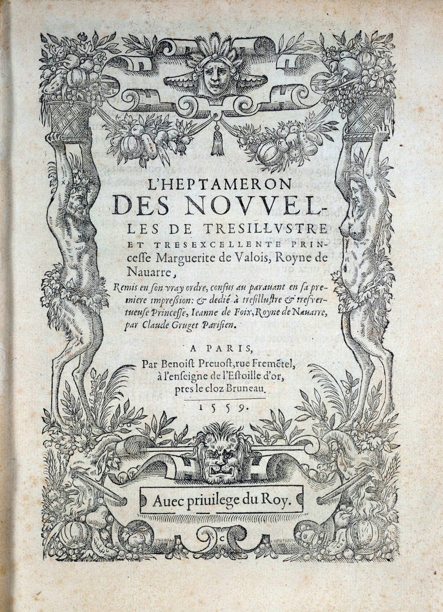 Titulní strana „“The Heptameron“““: příběhy nebo zprávy Margarity Navarrské (Margarita z Valois, Markétka z Angouleme nebo Markétka Francouzská (1492-1549) královna Navarry a básnířka od French School