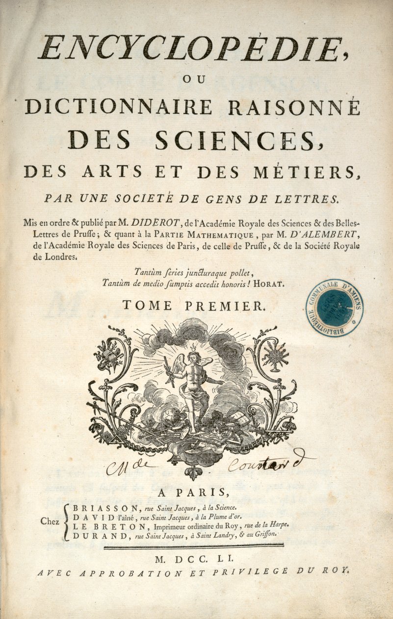 Titulní strana prvního dílu Encyklopedie od Denise Diderota a Jean le Rond dAlembert, 1751 od French School