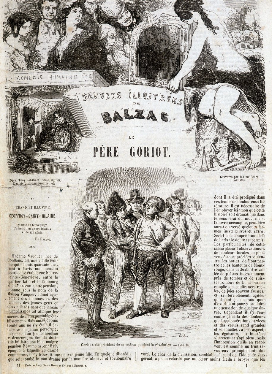 Titulní strana původního vydání Balzacova románu „“ Otec Goriot““ v „“ Balzacova ilustrovaná díla““: „“ Goriot byl prezidentem sekce během revoluce““ . ¿ od French School