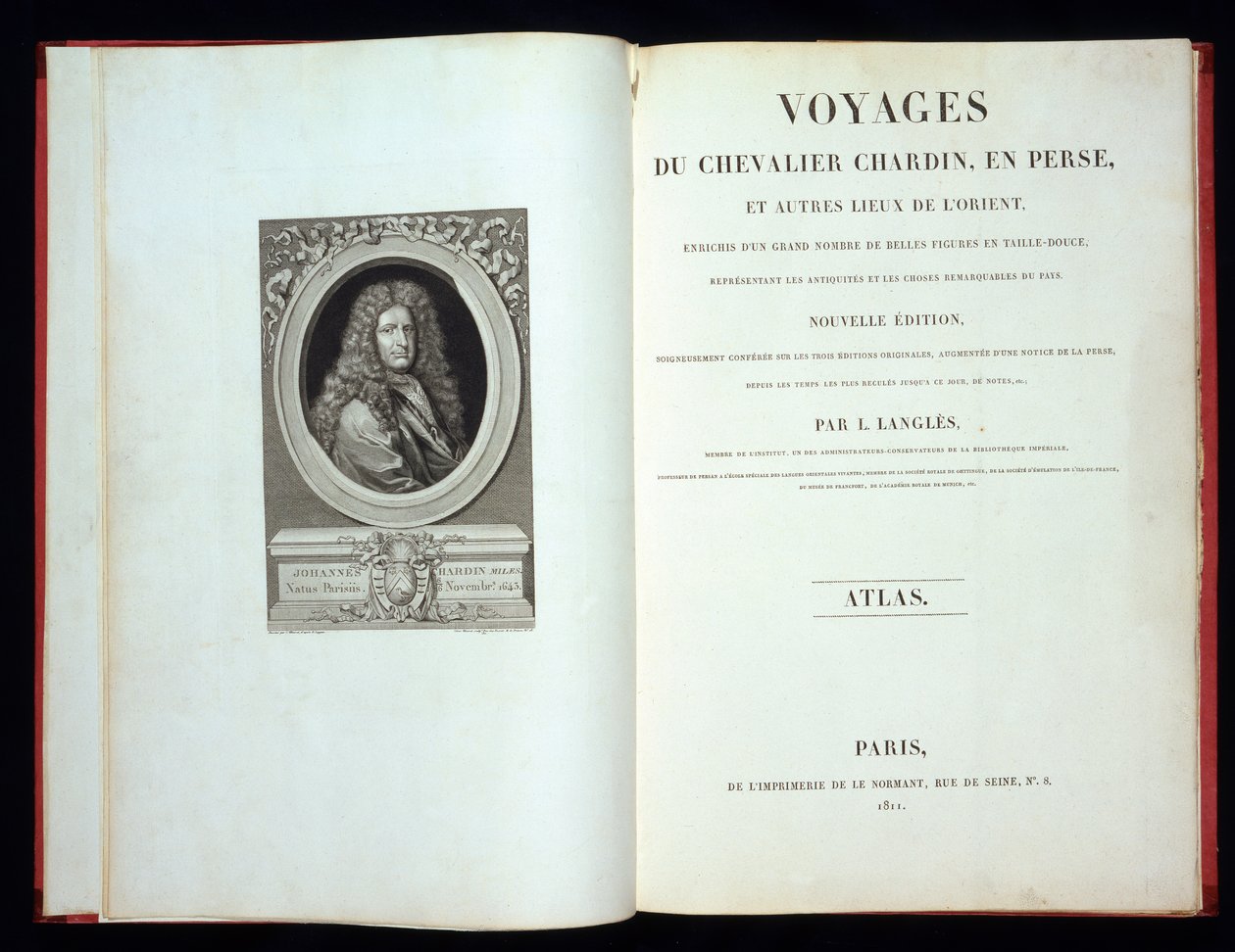 Titulní strana a přední portrét z Voyages du Chevalier Chardin en Perse, 1811 od French School