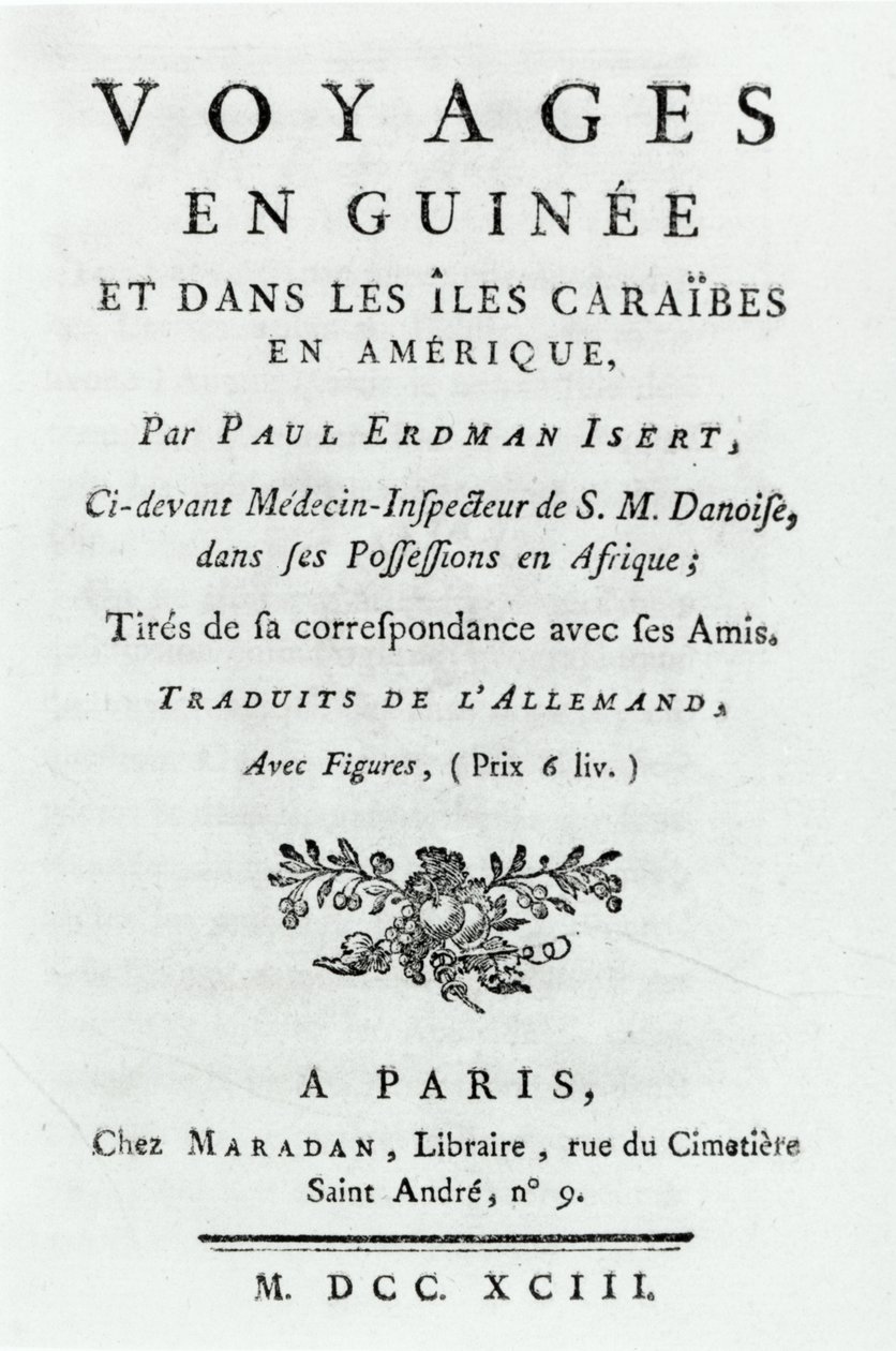 Titulní stránka pro Cesty v Guineji a na Karibských ostrovech v Americe od Paula Erdmana Iserta, vydáno 1743 od French School