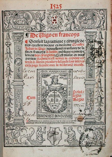 Titulní strana z knihy o chirurgii od Jeana de Viga (1460-1525) 1525 (dřevořez) od French School